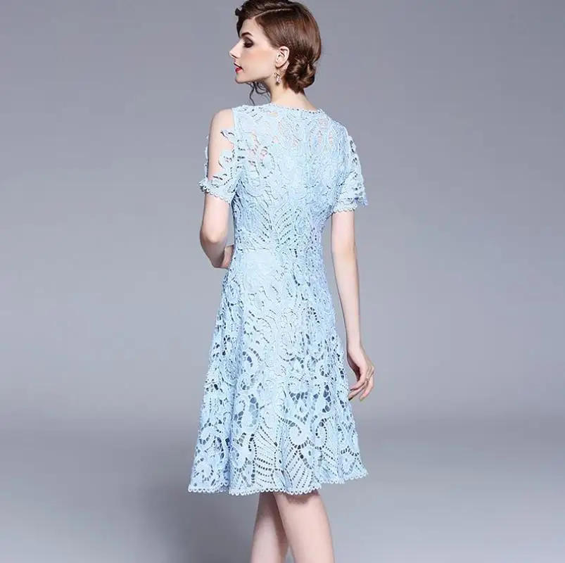 crochet hollow lace dresses zipper fashion strapless slash collar big swing sexy dress hot sale High Quality Elegant Party Dress