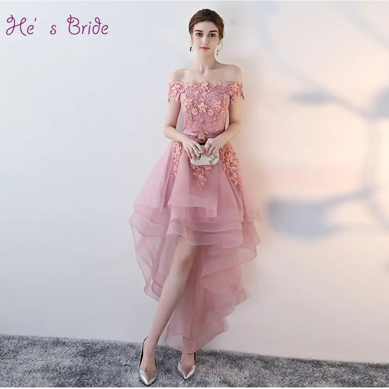 

He's Bride New Sweet Pink Lace Flower Evening Dress Boat Neck Sexy Asymmetric Dress Prom Party Formal Gown Robe De Soiree