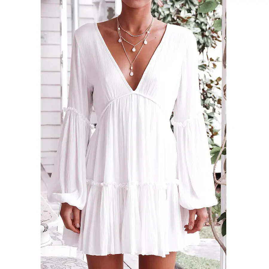 

Deep V-neck Backless Mini Dress Women Elegant White Lantern Sleeve Loose Dresses Spring Ladies Fashion Sexy Party Dress Vestidos