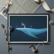 Wall Art Blue Whale Girl Fairy Tale Moon Poster And Print Canvas Art Wall Art Painting Home Decor Without Frame майка борцовка print bar girl and moon