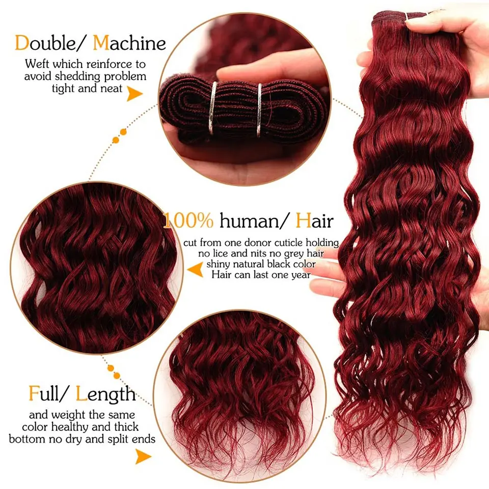 Bold Red Indian Water Wave Human Hair 3 Bundles With Lace Closure Pinshair Hair Non Remy Burgundy 99J Wet Wavy Hair Pre-Colored (19)