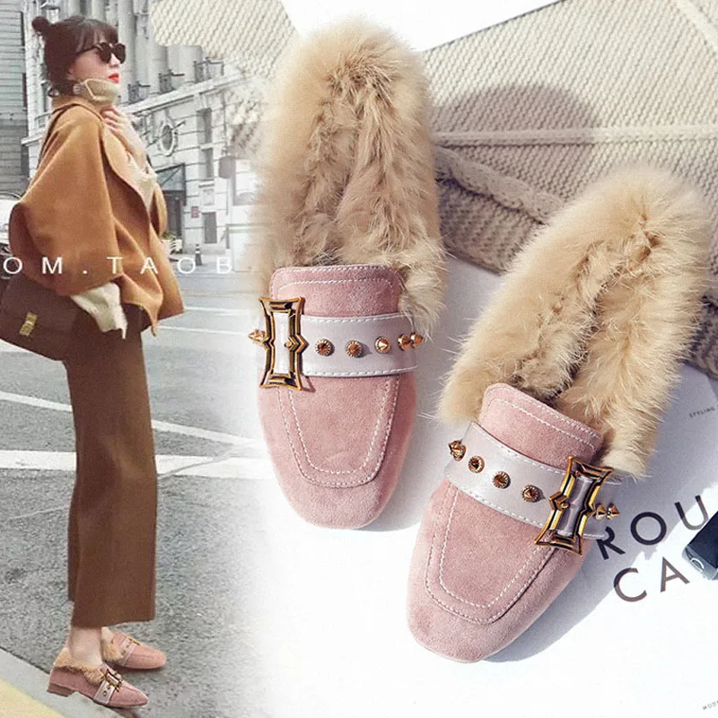 

Tangnest 2019 Winter Rivet Faux Fur Flats Women Platform Loafers Slip On Square Toe Solid Ladies Warm Casual Flat Shoes XWD7148