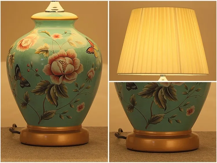 MLZAOSN Керамическая Настольная лампа, прикроватная лампа для спальни, цветной рисунок, китайский стиль, американский пульт дистанционного управления для декора гостиной