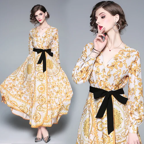 

2019 Flower print Runway Dress Women's Bow Floral Print V neck Dress vestidos big swing Maxi Dress V Neck