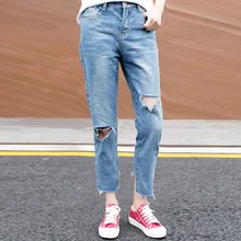 Для женщин прямые джинсы ботильоны Длина отверстие Рваные джинсы Брюки для девочек элегантный дизайн Высокая Талия хлопок джинсы женские#8182