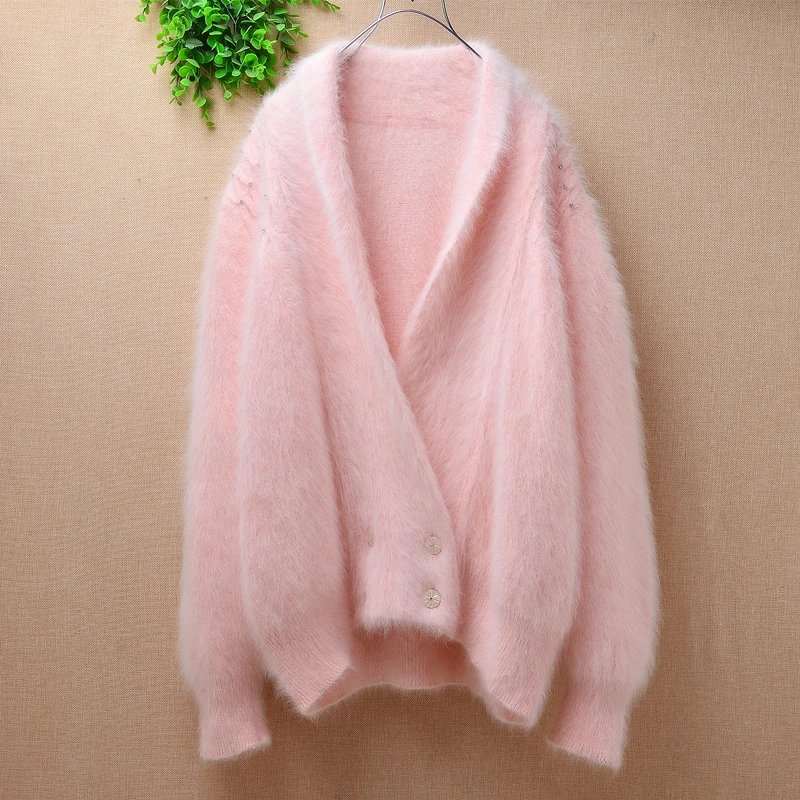 

Top quality korea Lady women sweet pink plush vintage V-neck angora rabbit fur knitted cardigan long sleeves sweater coat winter