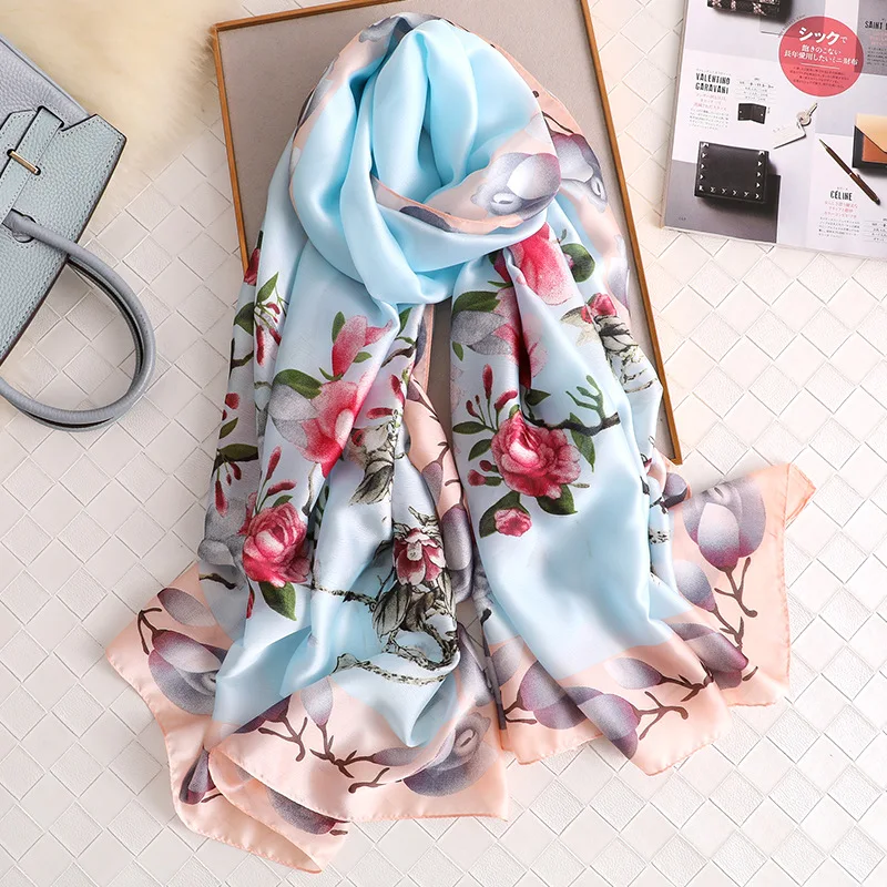 

2019 Luxury Brand Women Floral Silk Scarf Beach Shawl and Echarpe Summer Wrap Designer Scarves Female Stoles Bandana Hijab Snood