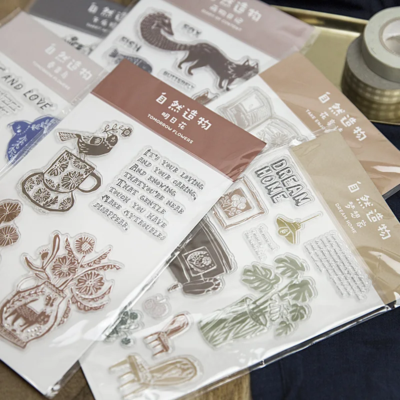

5pcs Hot children's transparent seal natural creation plant series creative handbook diary DIY color decorative album