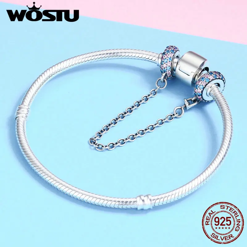 Günstige WOSTU Heißer 925 Sterling Silber Pflastern Inspiration Sicherheit Kette Charme Rosa   Blau CZ Fit Original Perlen Armband Schmuck Geschenk CQC379