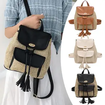 

Leather Woven Travel Backpacks Women Tassel Small Flap School Bags Knapsack High Capacity Rucksack