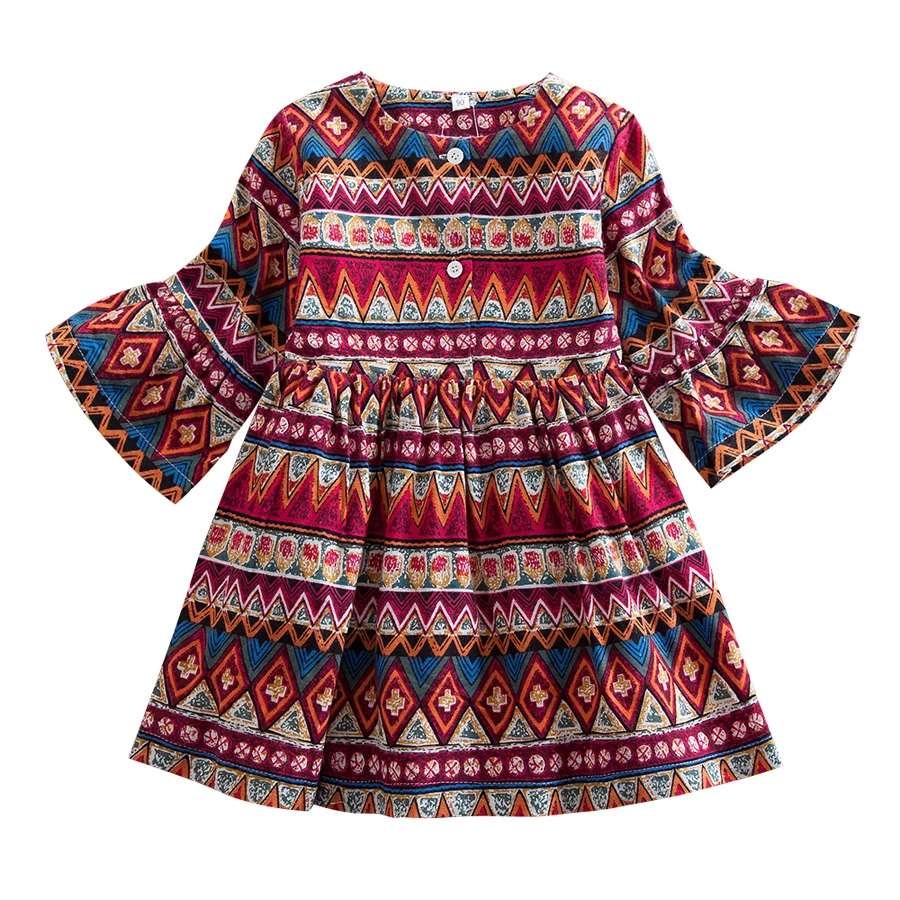 

IYEAL New Kid Girl Floral Print Elegant Boho Dress 2018 Spring Autumn Cotton O-neck Flare Sleeve Bohemia Children Baby Dresses