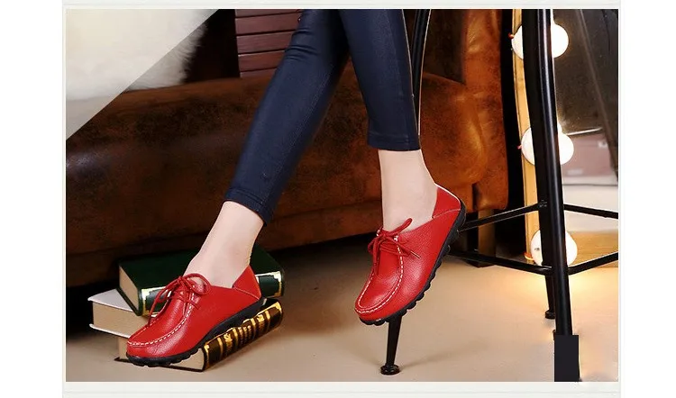 Genuine Leather Women's Casual Shoes Lace-Up Woman Loafers Moccasins Female Flats Solid Low Heel Lady Shoe Soft Women Footwear 35