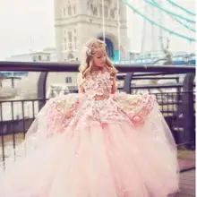 Новые розовые кружевные платья принцессы с объемными цветами для девочек на свадьбу, праздничное платье для маленьких девочек пышное платье, изготовленное на заказ, высокое качество