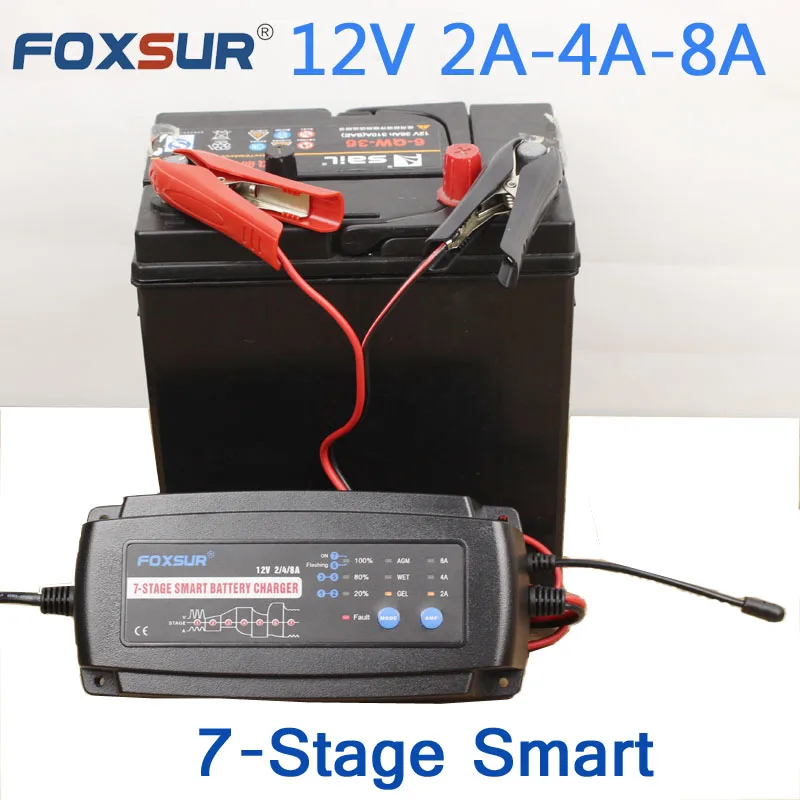 FOXSUR 12V 2A 4A 8A 7 ступенчатое умное зарядное устройство для аккумуляторов