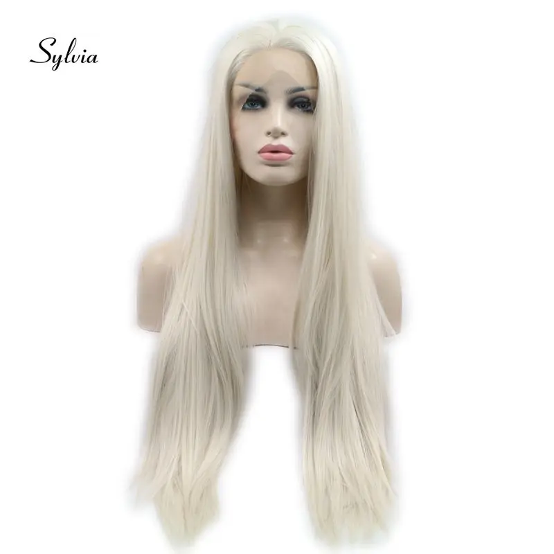 Sylvia длинные шелковистые прямые светловолосый парик химическое Синтетические волосы на кружеве парики 60# белые светлые волосы термостойкие парики с длинными волосами для Для женщин