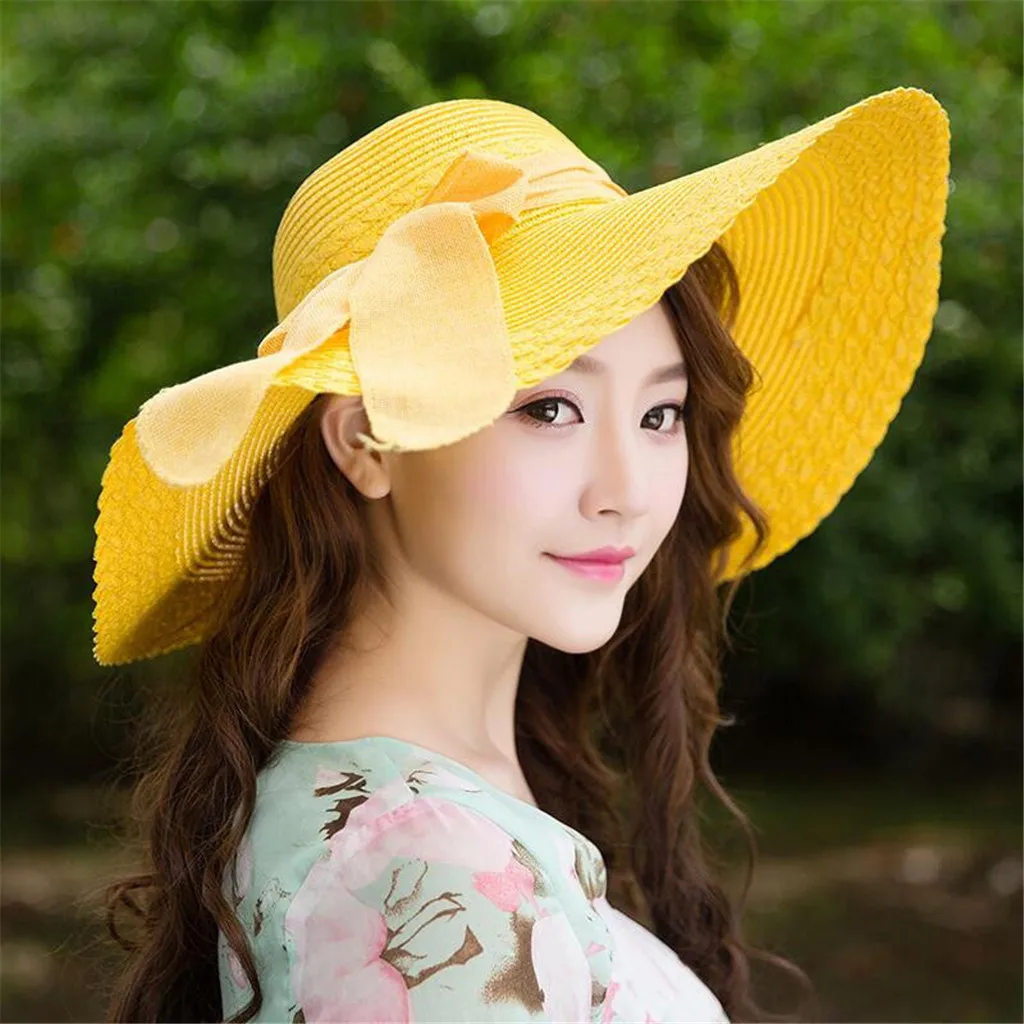 

Women Colorful Big Brim Straw Bow Hat Sun Floppy Wide Brim Hats Beach Cap Beach Hats Parent-child sun hat #3