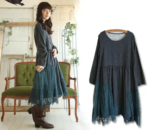 

Women Corduroy Lace Crochet Long Sleeve Dress Mori Girl Lolita Casual Lace Dress Robe Hippie Boho Tunique Femme Mori Clothing