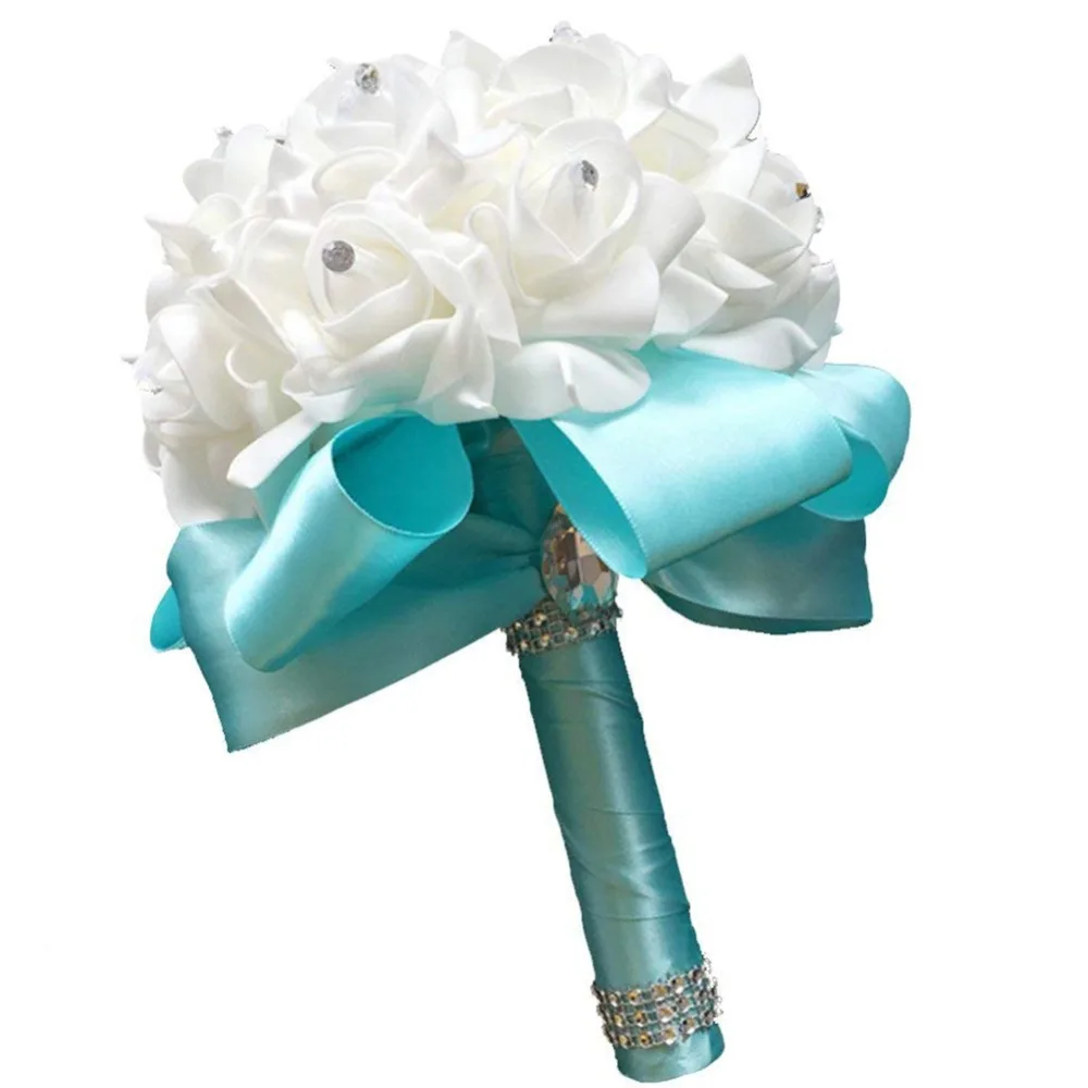 

2019 Handmade Tiffany blue Bridal Bridesmaid Flower Wedding Bouquet Artificial Flower Rose Ribbon Crystal Bouquets de noiva Beau