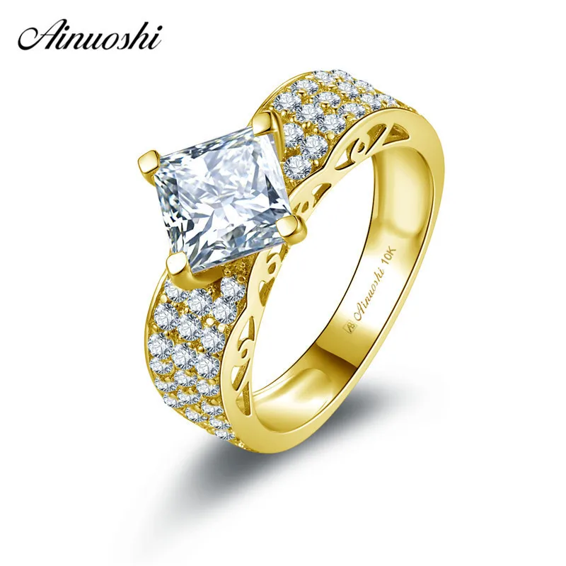 

AINUOSHI 10k Solid Yellow Gold Diamond Ring 1.6 ct Princess Cut Lady Wedding Engagement Bague bijoux Shining Bridal Band Anillo