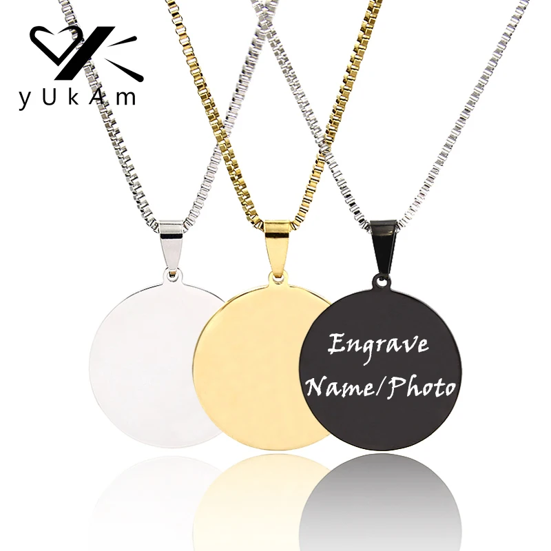 

YUKAM Stainless Steel Custom Name Necklace Personalized Women Bar Chokers Necklace Laser Engraved Photo Disc Necklaces Jewelry