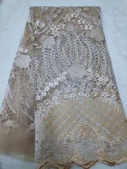 

(5yards/pc) High quality peach color African French net lace fabric with beautiful sequins embroidery and beads