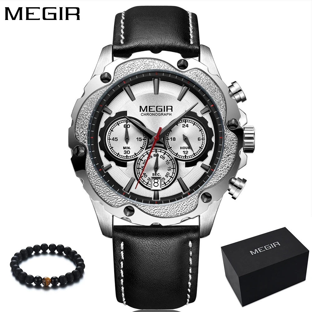 

2018 MEGIR Luxury Brand Fashion Quartz Watch Men Sport Military Men Watches Leather Band Chronograph Wristwatch Mens Clock
