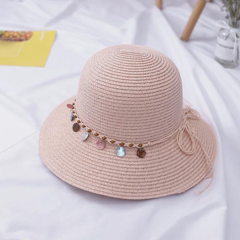 Light pink Летние праздничные соломенные шляпы для родителей и ребенка, красивые солнцезащитные шапки для маленьких девочек, шапки для мамы и дочки, детское складное ведро, женские пляжные кепки - Цвет: Light pink