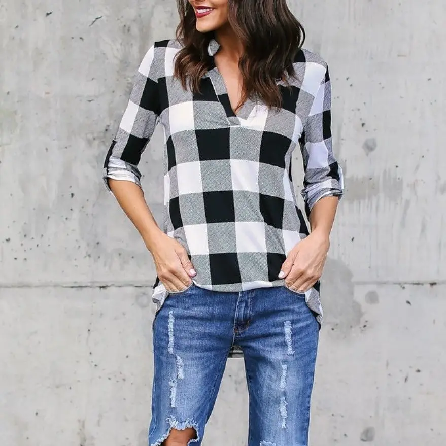 5XL 2018 Fashion White Black Green Plaid Shirt Female Office Shirt Women Tops Blouses Long Sleeve Flannel Shirt Plus Size Blusas Blouses
