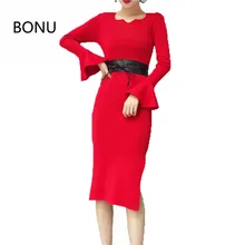 BONU Sexy Bodycon Sweater Dress Simple Elegant Dress Female Winter Knitted Flare Sleeve Split Dresses For