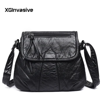 

Black Small Women Messenger Bag Soft Washed PU Leather Crossbody Bag Luxury female designer shoulder bag Handbag Purses