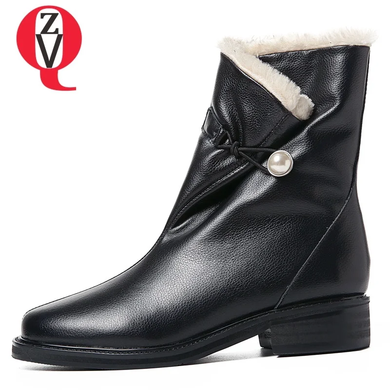 

ZVQ 2018 new concise casual round toe genuine leather women shoes med hoof heels slip-on outside winter plush warm ankle boots