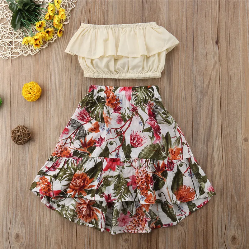 

Summer Sleeveless Ruffle Crop Tops Floral Skirt Cotton Girls Clothing 2PCS Outfit Toddler Kid Children Baby Girl Clothes Set