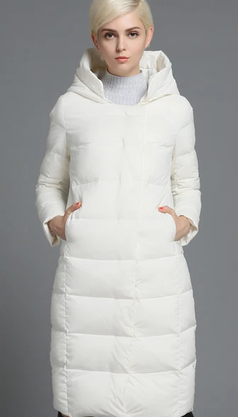 Зимний длинный свободный большой размер толстый теплый пуховик с капюшоном женский модный однотонный высококачественный белый утиный пух - Цвет: Белый