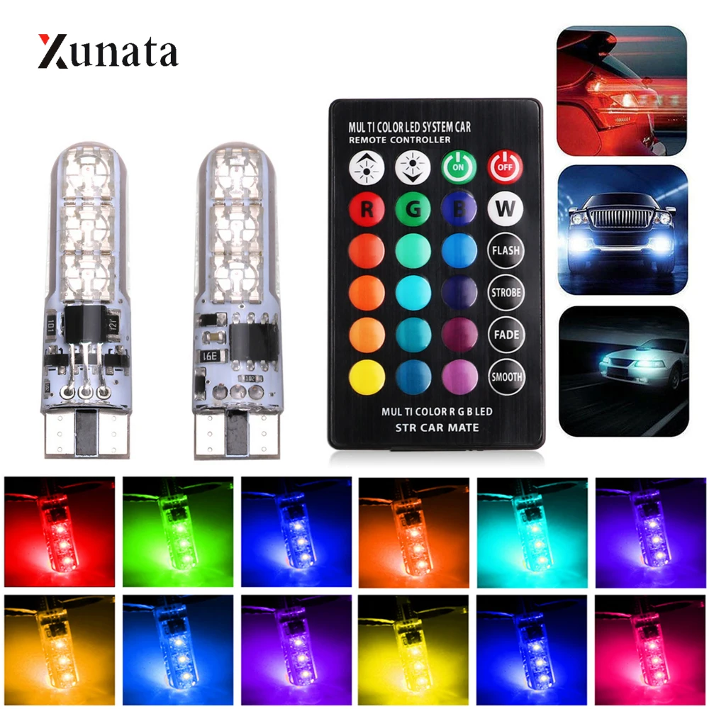 

2pcs T10 W5W LED Car Light LED Bulb RGB With Remote Control with Battery 6SMD5050 12V 1.32W Signal Lamp Reading Wedge Car Light