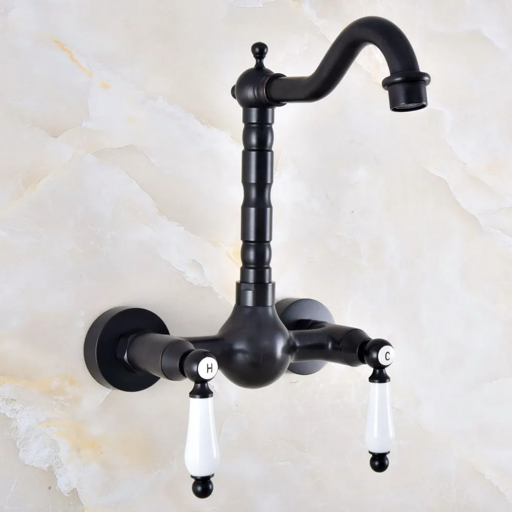 Black Oil Rubbed Bronze Wall Mounted Bathroom Kitchen Sink Faucet Swivel Spout Mixer Tap Dual Ceramics Handles Levers anf857