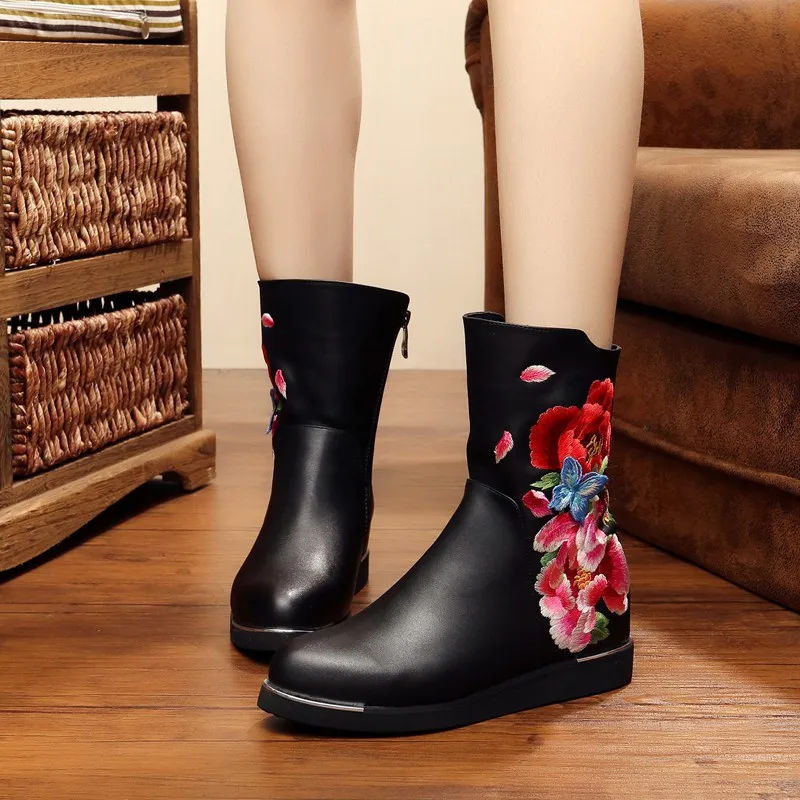 Veowalk/модные зимние женские черные короткие ботильоны с цветочной вышивкой, женская теплая обувь на меху, zapato mujer Imported из искусственной кожи