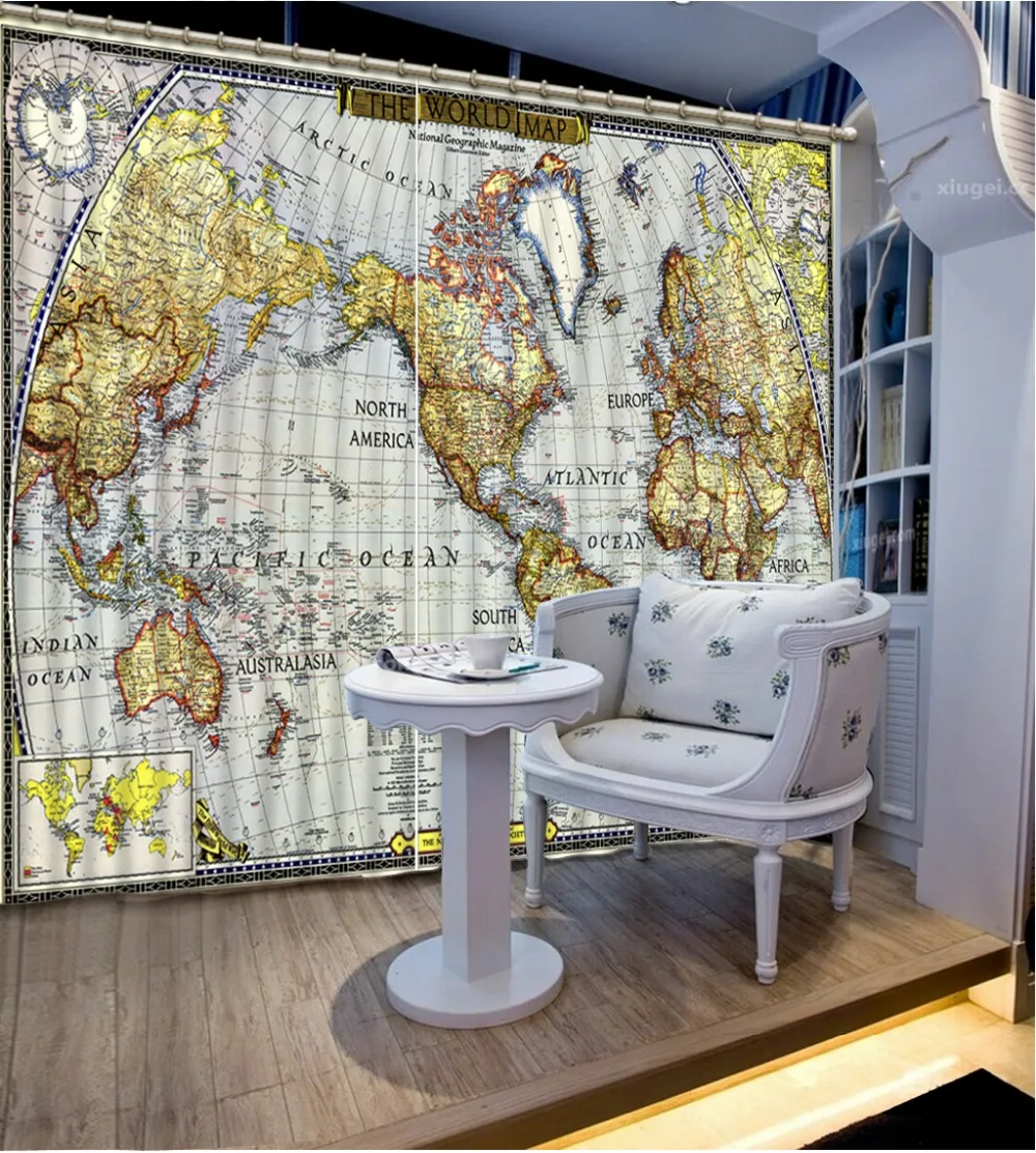 Map Of The World Curtains Curtains for living room world map 3d curtain Home Decoration Curtains for bedroom(China (