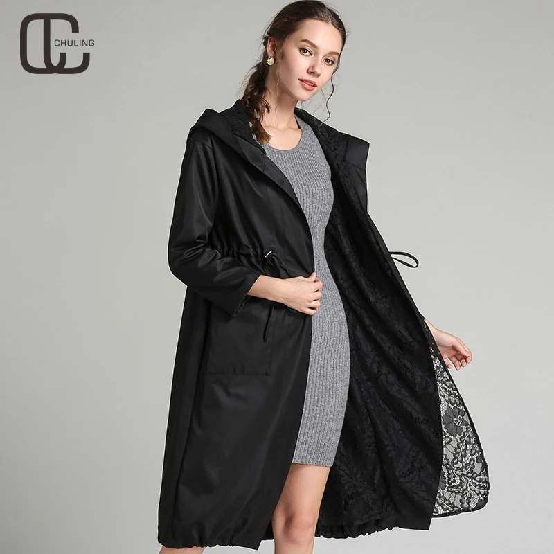 Goedkoop 2018 Herfst Winter Vrouw Rood Zwart Bloemen Kant Casual Plus Size Hooded Geul Vrouwelijke Zakken Fashion Lady Bovenkleding M 5XL