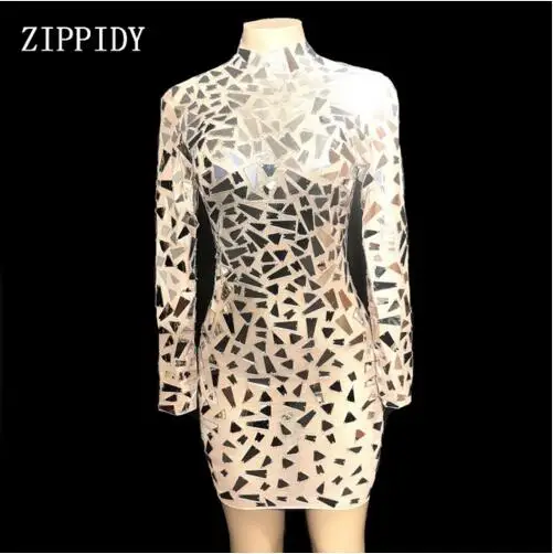

Fashion Sparkly Mirrors Perspective Mesh Dress Women Birthday Celebrate See Through Sexy Skinny Costume Dance Short Dress