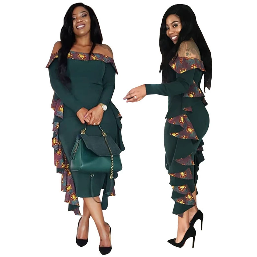 BAIBAZIN African Woman Dress Fashion Sexy Word Shoulder Long Sleeves With Fluttered Side Knit Dress