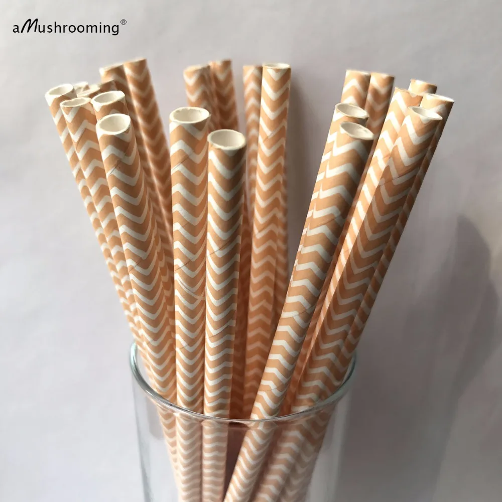 25x Paper Straws Peach Chevron Paper Straws Spring Wedding Paper