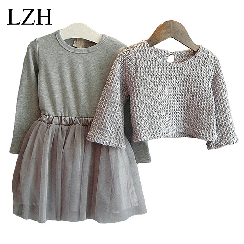 Girls Dress Winter 2016 New Children Clothing Girls Long sleeved Dress 2 Piece Knitted Dress Kids