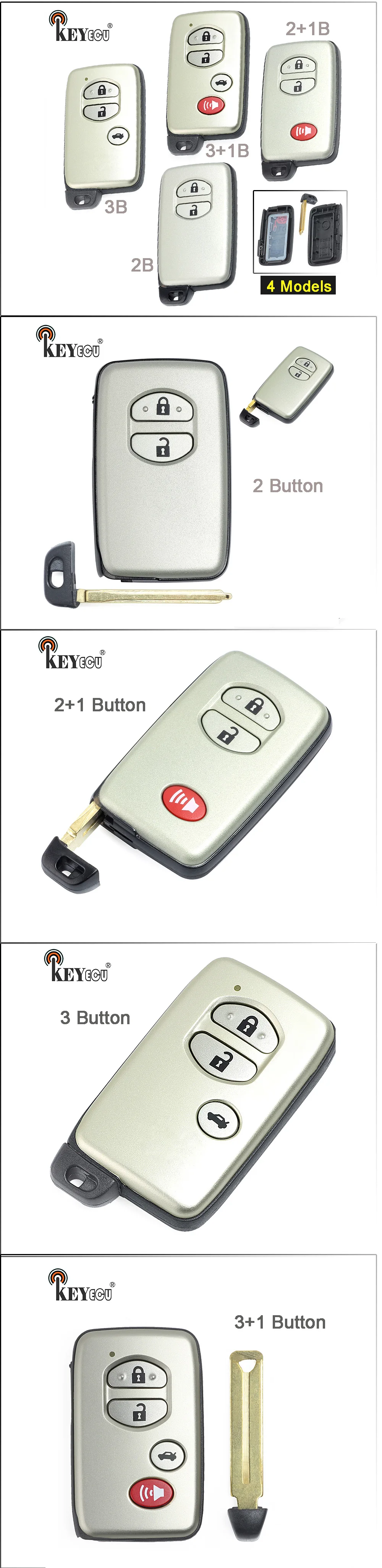 KEYECU 10x for Toyota Prius Land Cruiser Avalon Prado Replacement Remote Key Shell Case Fob 2/3/2+1/3+1 Button HYQ14AAB White