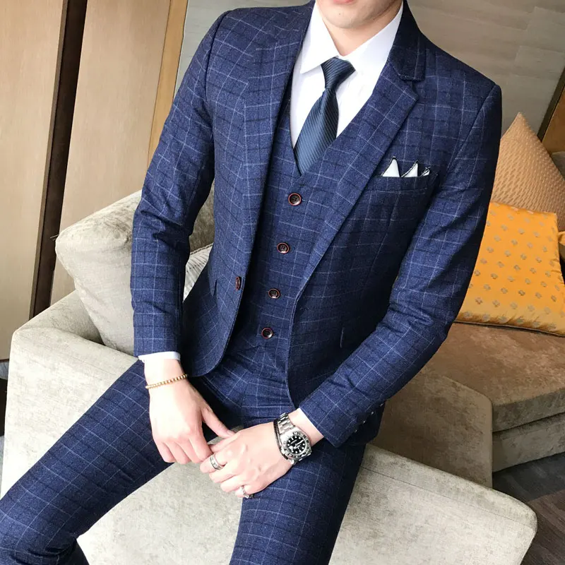 Three-piece Male Formal Business Plaids Suit for Men's Fashion Boutique Plaid Wedding Dress Suit ( Jacket + Vest + Pants ) 2019