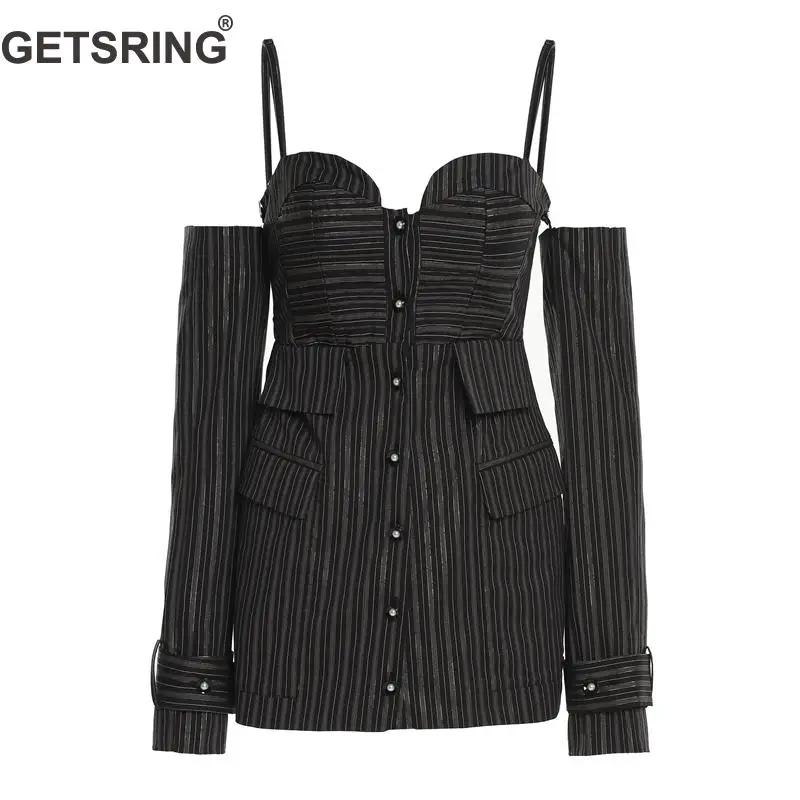 

GETSRING Women Coat Women Blazer Coat V-Neck Hollow Out Stripe Long Blazer Femme Black Sexy Women Blazers Jackets 2019 New Sexy