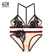 Qizhimiao комплект из бюстгальтера с вышивкой и трусиков Y-line нижнее белье женский пуш-ап бюстгальтер на пуговицах спереди бюстгальтер кружевной сексуальный комплект бюстгальтера