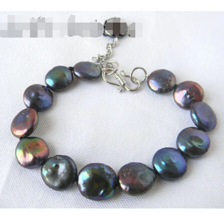 

8'' 13mm Black Coin Freshwater Pearl Adjustable Bracelet @^Noble style Natural Fine jewe FREE SHIPPING
