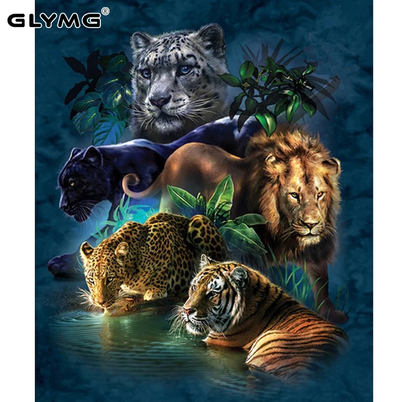 GLymg 5D Diamond Painting Full Square Drill Rhinestones Embroidery Animal World Tiger Lion Leopard Mosaic Gift Home Decor