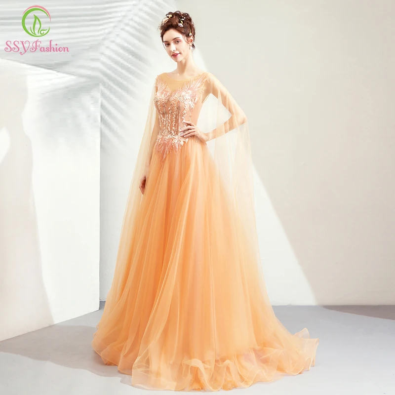 Женское вечернее платье SSYFashion Золотое с кружевной вышивкой и шлейфом 2019 | Свадьбы