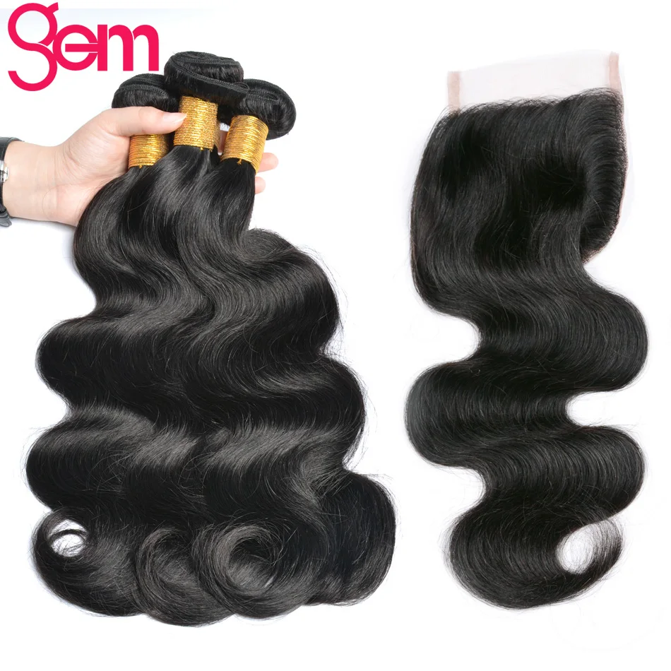 Brazilian Body Wave Human Hair Bundles With Closure 4Pcs/Lot Free Part Lace Front Closur GEM Beauty Weave Hair Non Remy Color 1B brazilian-body-wave-hair-bundles